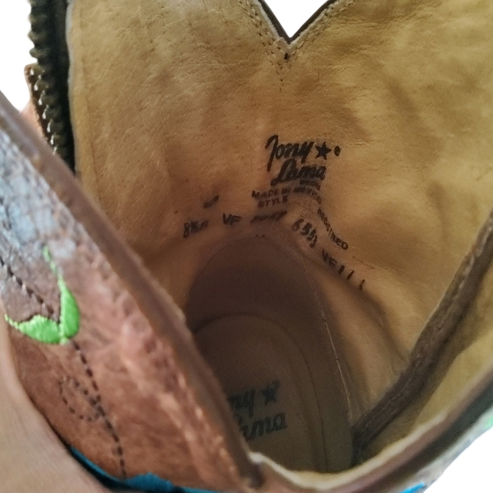 Tony Lama Brown Leather Boots with Colorful Embroidery - Picture 6 of 7